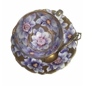 Vtg Trimont China Gold Lavender Flower Tea Cup and Saucer W| Spoonin Occup Japan